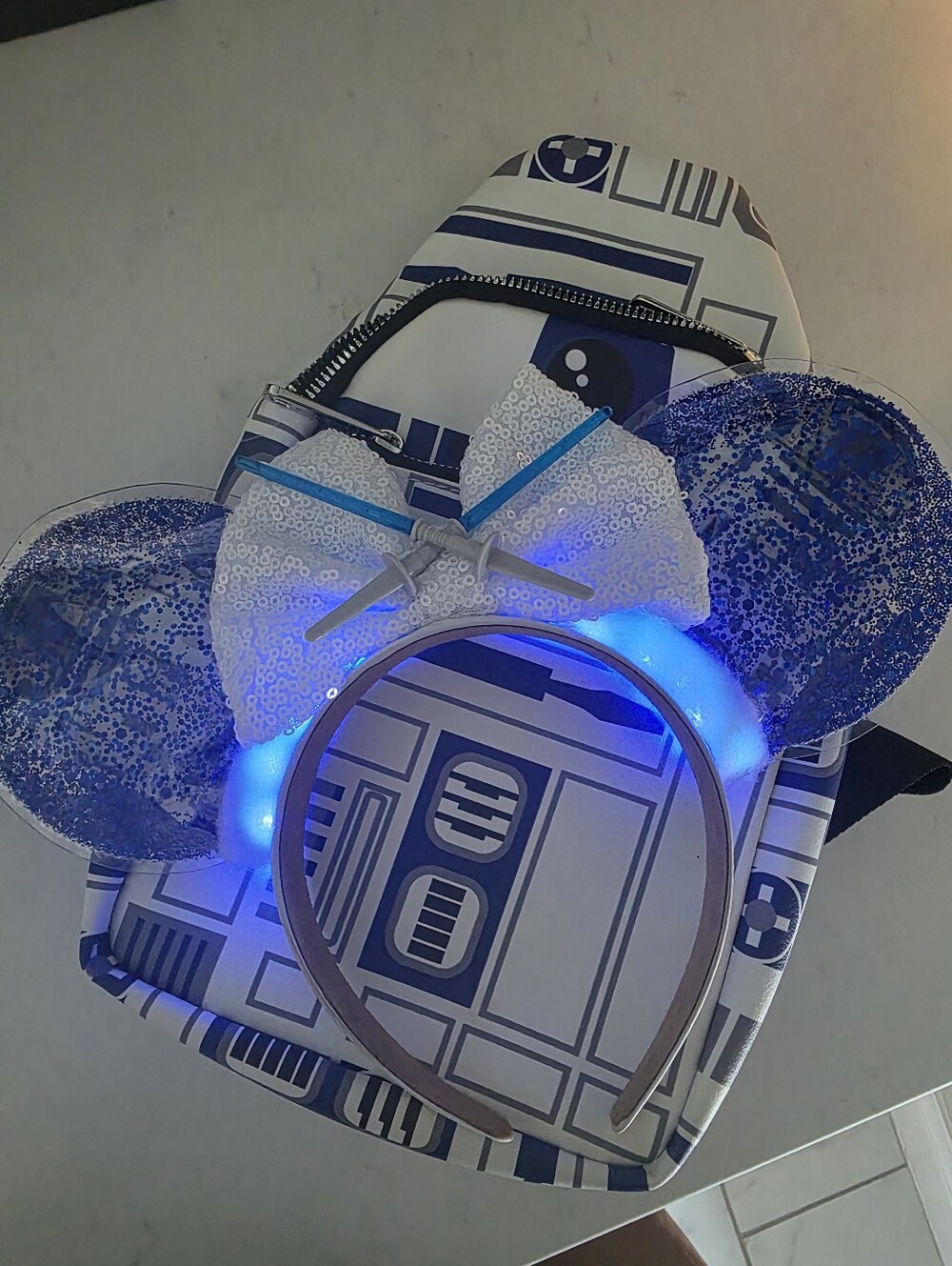 Disney R2-D2 Crossbody Sling Bag in White & Blue And R2D2 Light Up Minnie Ears